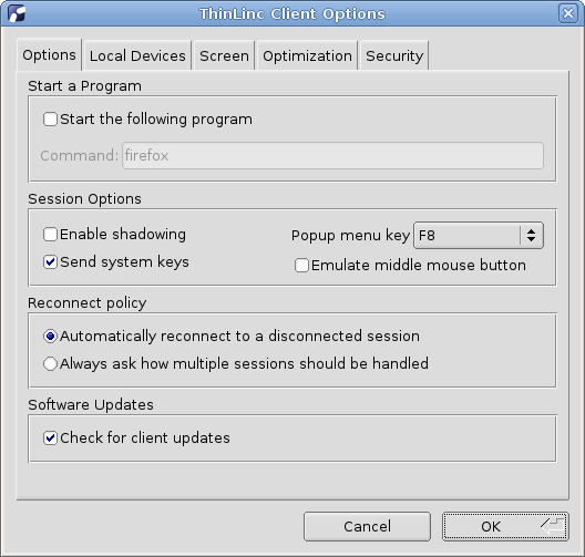 Client settings Options tab