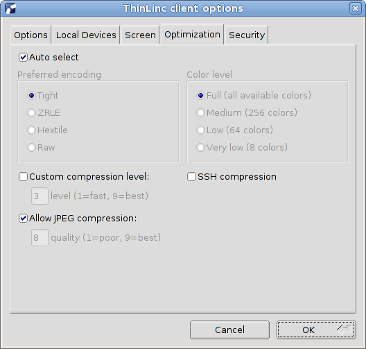 Client settings Optimization tab