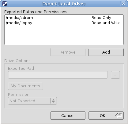 Local drive export selection interface