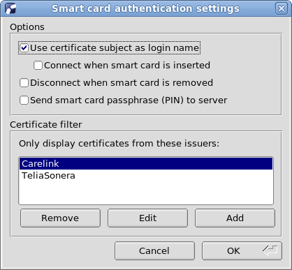 Smart card authentication settings